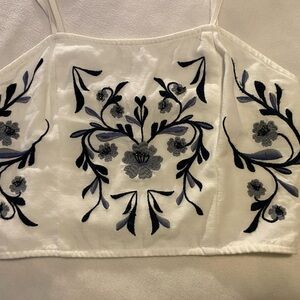 Embroidered White Crop Top with Blue Floral  stitching detail in blue and grey